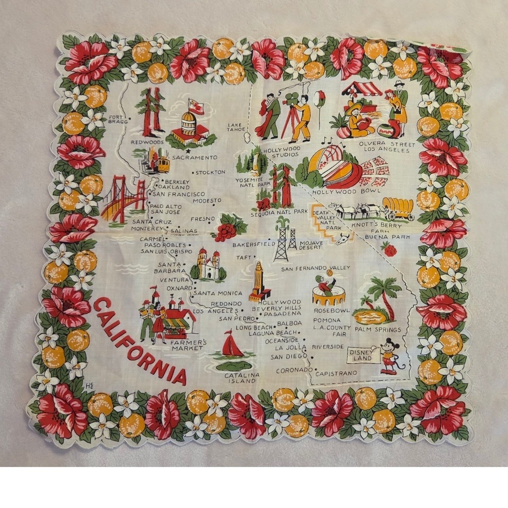Vintage California Souvenir Handkerchief Floral Map Print 13" x 13.5"